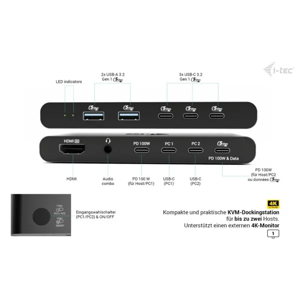 USB Hub i-Tec C31KVMHDMIDOCKPD Black 100 W