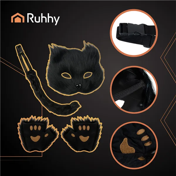 4-piece cat/fox costume, black, Ruhhy 26248
