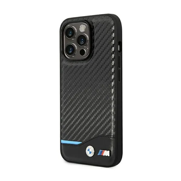 BMW Leather Carbon Blue Line - Case for iPhone 14 Pro (Black)