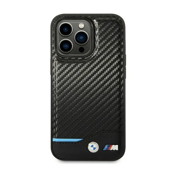 BMW Leather Carbon Blue Line - Case for iPhone 14 Pro (Black)