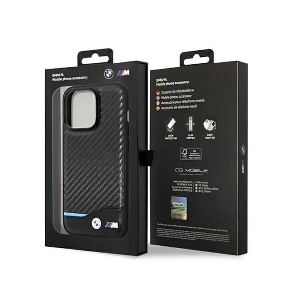 BMW Leather Carbon Blue Line - Case for iPhone 14 Pro (Black)