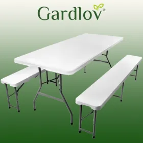 Folding garden table 180cm + 2 benches | Buy online — Megaluks