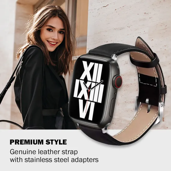 Crong Noble Band - Genuine Leather Strap for Apple Watch 44/45/46/49 mm (Black Noir)