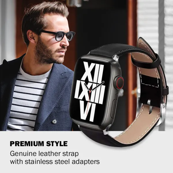 Crong Noble Band - Genuine Leather Strap for Apple Watch 44/45/46/49 mm (Black Noir)