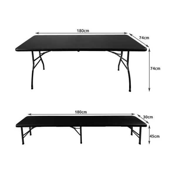 Saliekams dārza galds 180 cm + 2 soliņi - melns