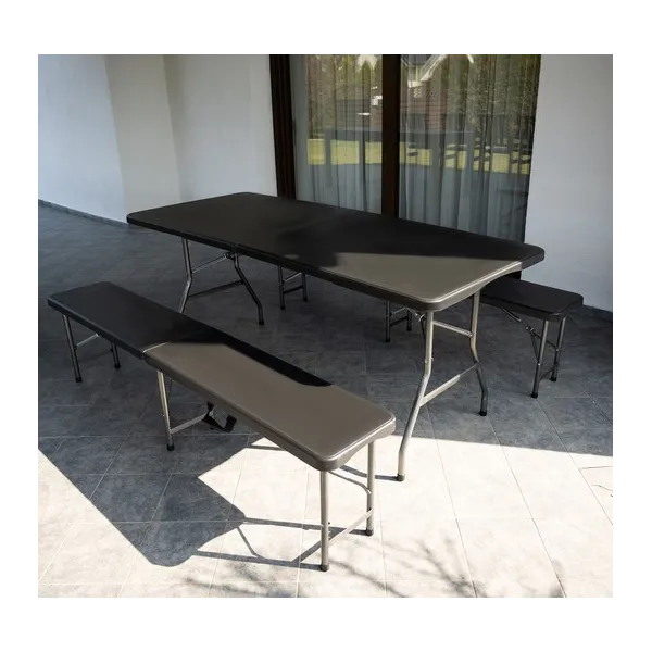 Sulankstomas sodo stalas 180 cm + 2 suolai - juodi