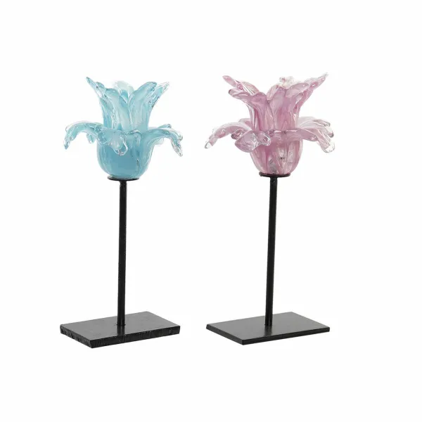 Žvakidė DKD Home Decor Mėlyna Rožinė Metalinis Stiklas 12 x 12 x 24 cm (2 vnt.)