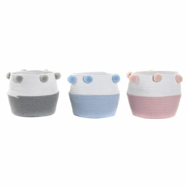 Basket set DKD Home Decor Pompoms 30 x 30 x 26 cm Wood