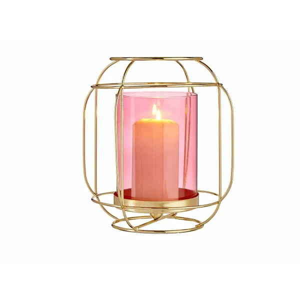 Candleholder Gift Decor Pink Golden Metal Glass 19 x 20 x 19 cm Lantern