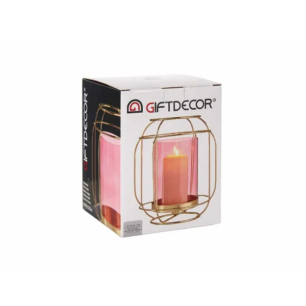 Candleholder Gift Decor Pink Golden Metal Glass 19 x 20 x 19 cm Lantern