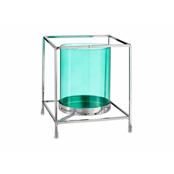 Candleholder Gift Decor Blue Silver Metal Glass 14 x 15,5 x 14 cm Squared