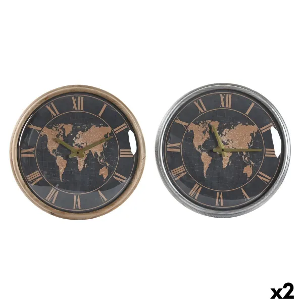 Wall Clock DKD Home Decor 46 x 6,5 x 46 cm Crystal Silver Black Golden Brown Iron World Map (2 Units)