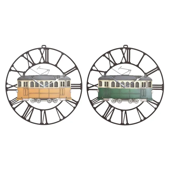Seinäkello DKD Home Decor 49,5 x 3,5 x 48 cm Metalli Vihreä Keltainen Vintage Juna (2 osaa)