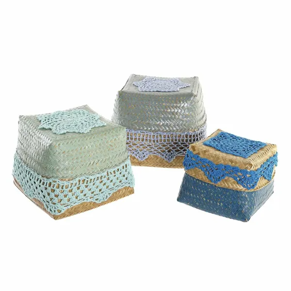 Набор декоративных ящичков DKD Home Decor Синий бирюзовый Натуральный Светло-серый Бамбук Boho