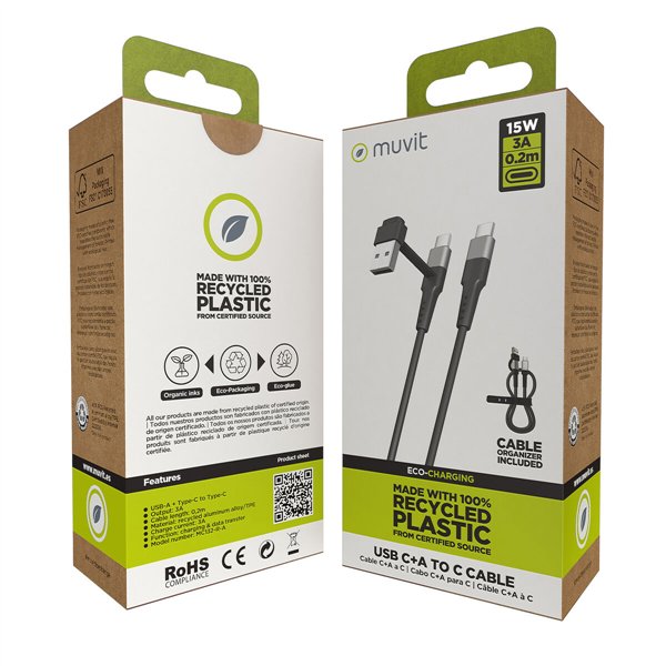 USB A - USB-C kabelis Muvit for Change Juoda