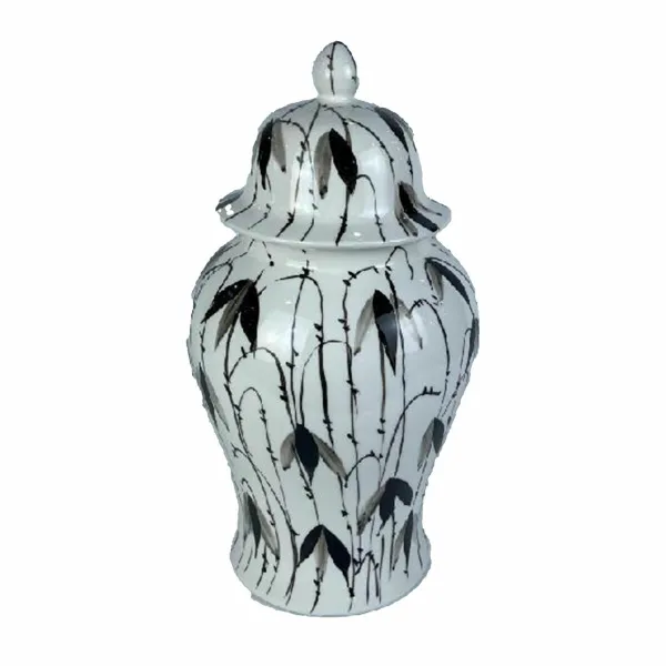 Китайская ваза DKD Home Decor Фарфор Чёрный Белый Восточный Лист растения (22 x 22 x 42 cm)