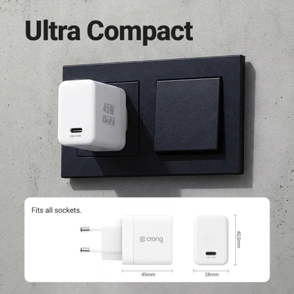 Crong Ultra Compact GaN - USB-C 45W PD 3.0 Wall Charger with PPS (White)