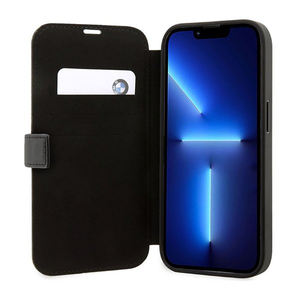 BMW Booktype Leather Textured & Stripe - Case for iPhone 14 Pro (Black)