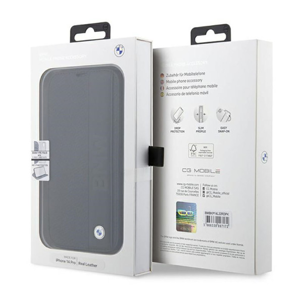 BMW Booktype Leather Textured & Stripe - Case for iPhone 14 Pro (Black)