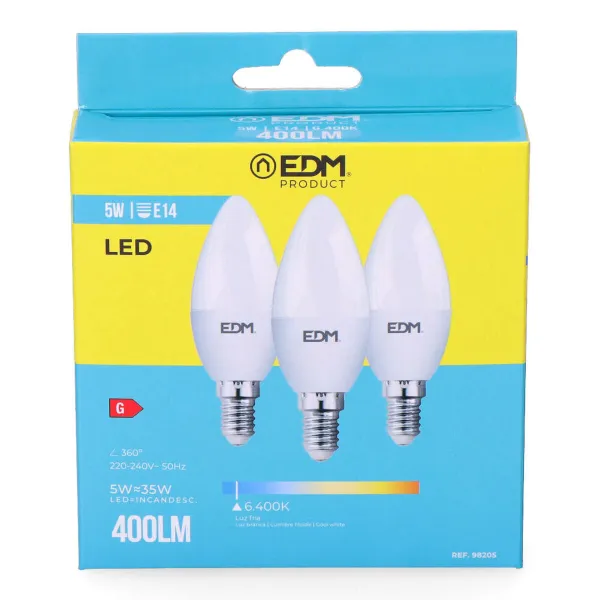 Pack of 3 LED bulbs EDM 98205 G 35 W 5 W 50 W E14 400 lm Ø 3,6 x 10 cm (6400 K)