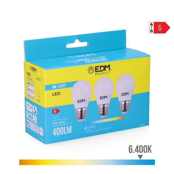 Pakuotėje 3 LED lemputės EDM 98203 G 35 W 5 W 50 W E27 400 lm Ø 4,5 x 8 cm (6400 K)