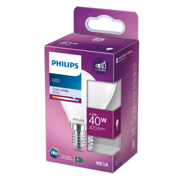 Светодиодная лампочка Philips F 40 W 4,3 W E14 470 lm 4,5 x 8,2 cm (4000 K)
