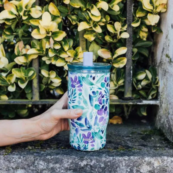 Quokka Mist - 720 ml Stainless Steel Thermal Mug with Straw (Violet Blooms)