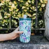 Quokka Mist - 720 ml Stainless Steel Thermal Mug with Straw (Violet Blooms)