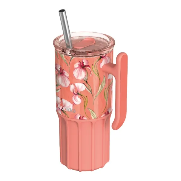 Quokka Umi - 720 ml Stainless Steel Thermal Mug with Straw and Silicone Coaster (Floral Coral)