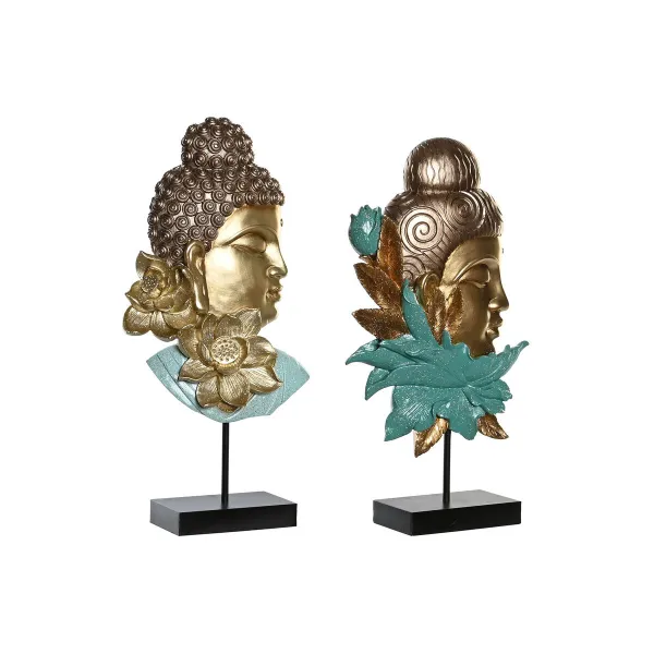 Koristehahmo DKD Home Decor 22 x 8 x 42,5 cm Musta Kullattu Buddha Turkoosi Itämainen (2 osaa)