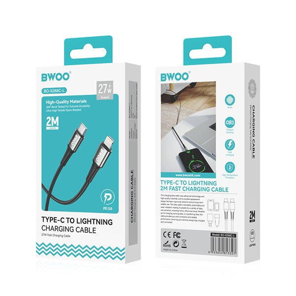 BWOO Punottu USB-C-kaapeli - Lightning 3m 30W musta