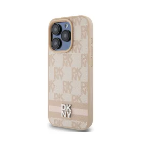 DKNY Leather Checkered Mono Pattern & Printed Stripes - iPhone 15 Pro Case (pink)