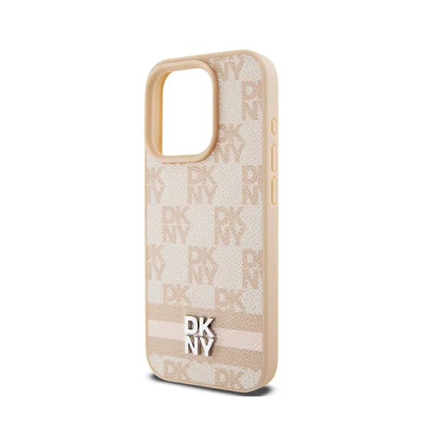 DKNY Leather Checkered Mono Pattern & Printed Stripes - iPhone 15 Pro Case (pink)