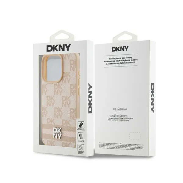 DKNY Leather Checkered Mono Pattern & Printed Stripes - iPhone 15 Pro Case (pink)