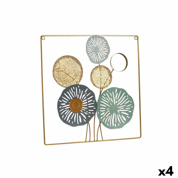 Sienų dekoracija Gift Decor Geltona Mėlyna Balta Spalvotas Auksinis Metalinis Stiklas Gėlės Veidrodis 45 x 45 x 2 cm (4 vnt.)