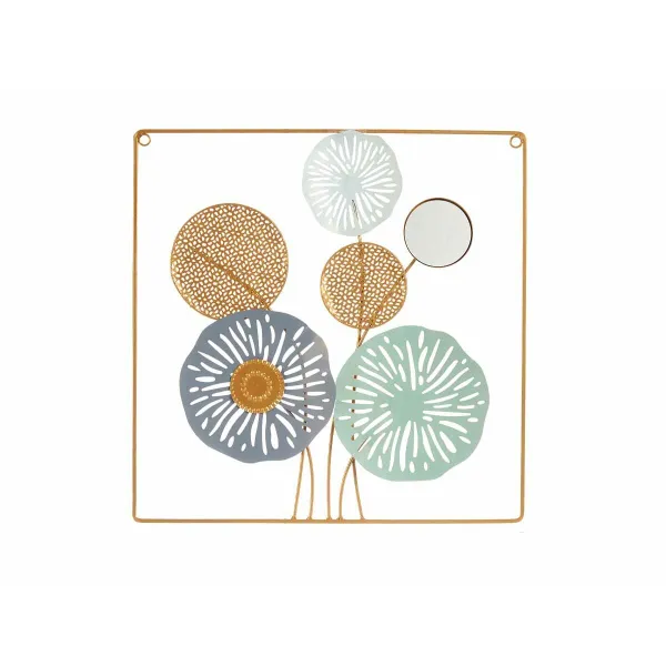 Wall Decoration Gift Decor Yellow Blue White Multicolour Golden Metal Crystal Flowers Mirror 45 x 45 x 2 cm (4 Units)