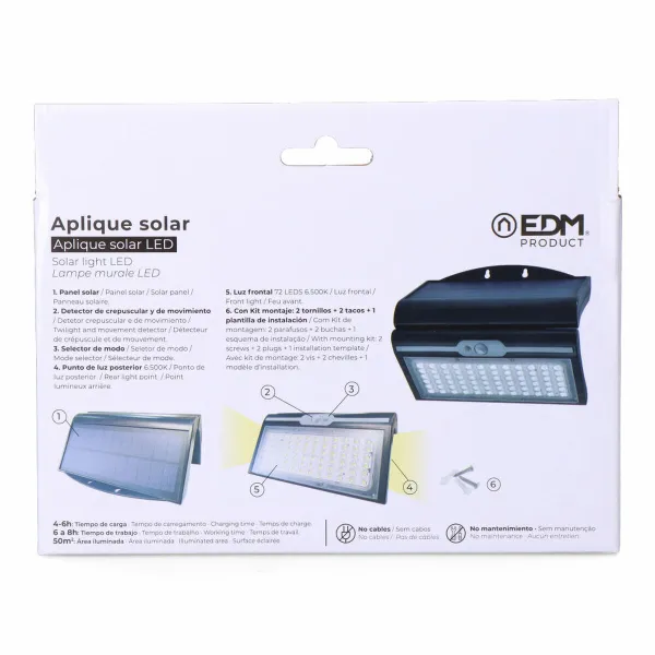Sienas gaisma EDM 31849 Melns 6 W 430 Lm 6500 lm Kustības Sensors Solārais (6500 K)