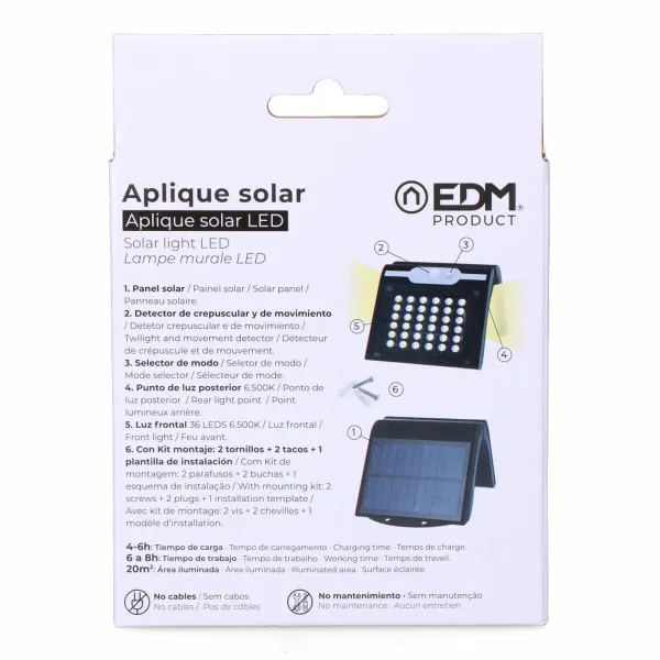 Sienas gaisma EDM 31847 Melns 2 W 220 lm Kustības Sensors Solārais (6500 K)