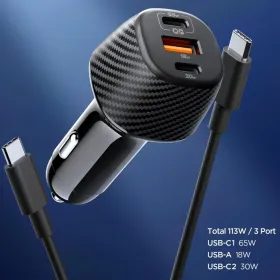 Spigen Essential EV1133 – Car Charger 2x USB-C PD and USB-A QC3.0 113W + 100W, USB-C Cable, 1m (Black)