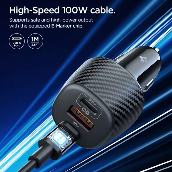 Spigen Essential EV1133 – Car Charger 2x USB-C PD and USB-A QC3.0 113W + 100W, USB-C Cable, 1m (Black)