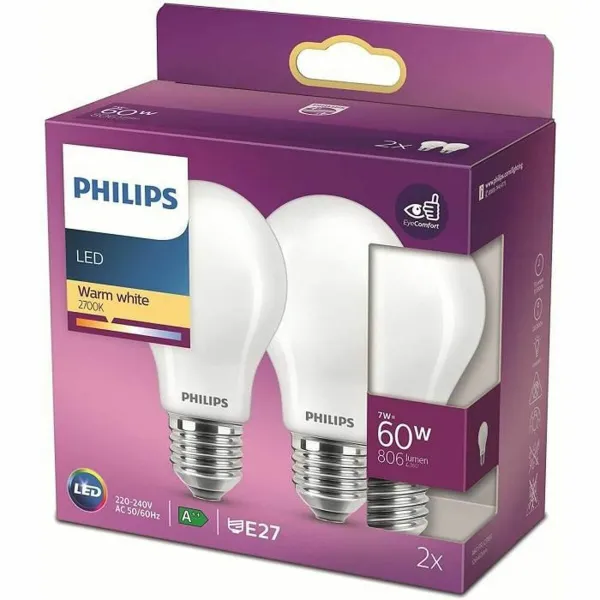 Светодиодная лампочка Philips Classic Standard 60 W Белый E E27 (2700 K) (2 штук)