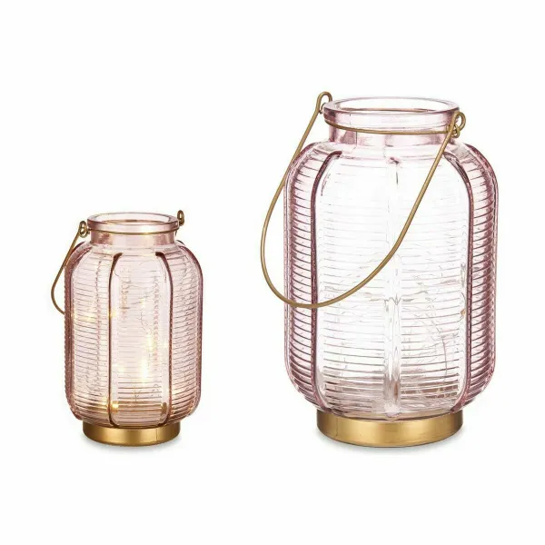 LED-lyhty Gift Decor Pinkki Kullattu Lasi Raidat 13,5 x 22 x 13,5 cm (6 osaa)