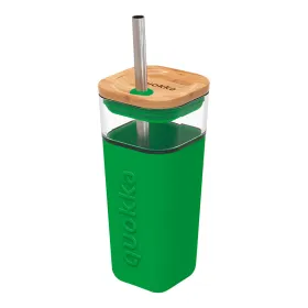 Quokka Liquid Cube - 540 ml Glass Cup with Stainless Steel Straw (Green)