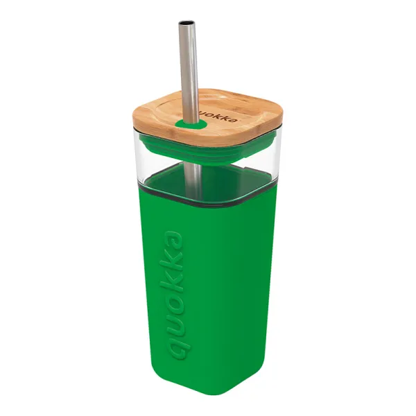Quokka Liquid Cube - 540 ml Glass Cup with Stainless Steel Straw (Green)