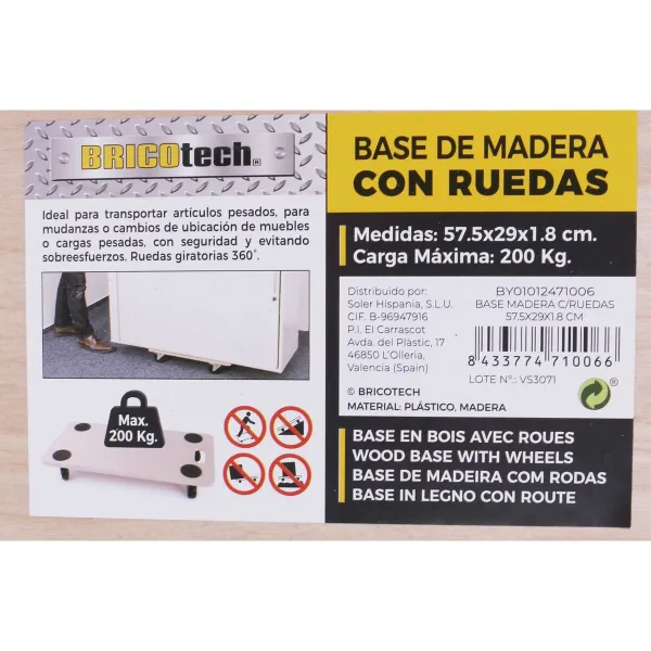 Wooden Base with Wheels Bricotech (57,5 x 29 x 1,8 cm) Wood 57,5 x 29 x 1,8 cm