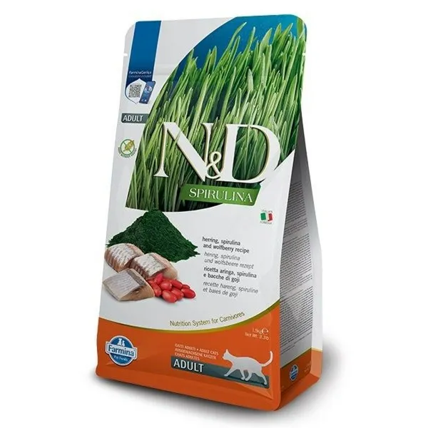 Kačių maistas Farmina N&D Spirulina Herring Suaugęs Žuvis Avis 1,5 Kg Katės žolės