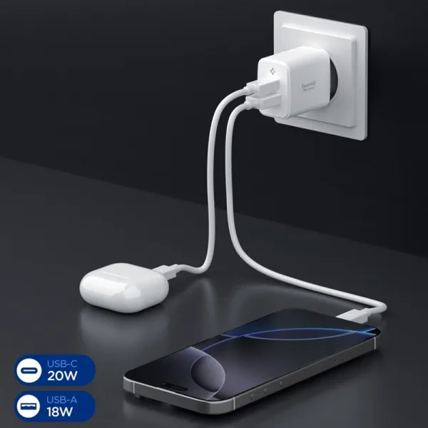 Spigen Essential EE202EU GaN Pro - USB-C + USB-A 20W Wall Charger (White)