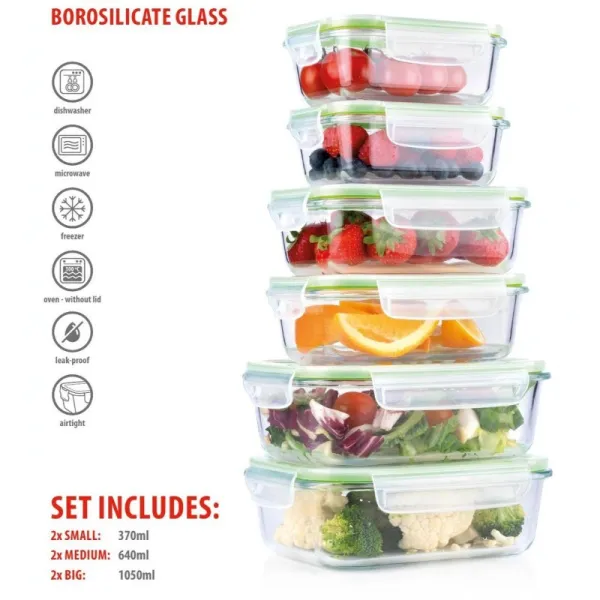 Alpina - Set of 6 glass food containers with lid lunchbox 370 ml / 640 ml / 1050 ml