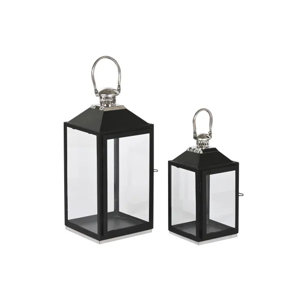 Фонарь Home ESPRIT Чёрный Серебристый Стеклянный Сталь 18 x 18 x 41 cm (2 Предметы)