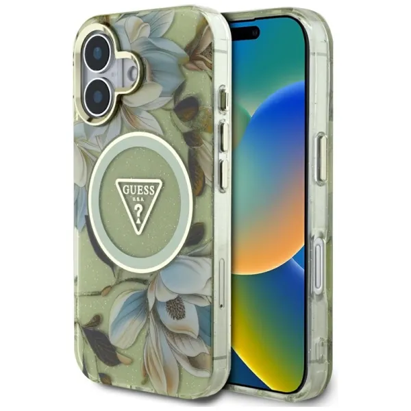 Guess Glitter Flowers Triangle Buttons MagSafe - Case for iPhone 16 (green)